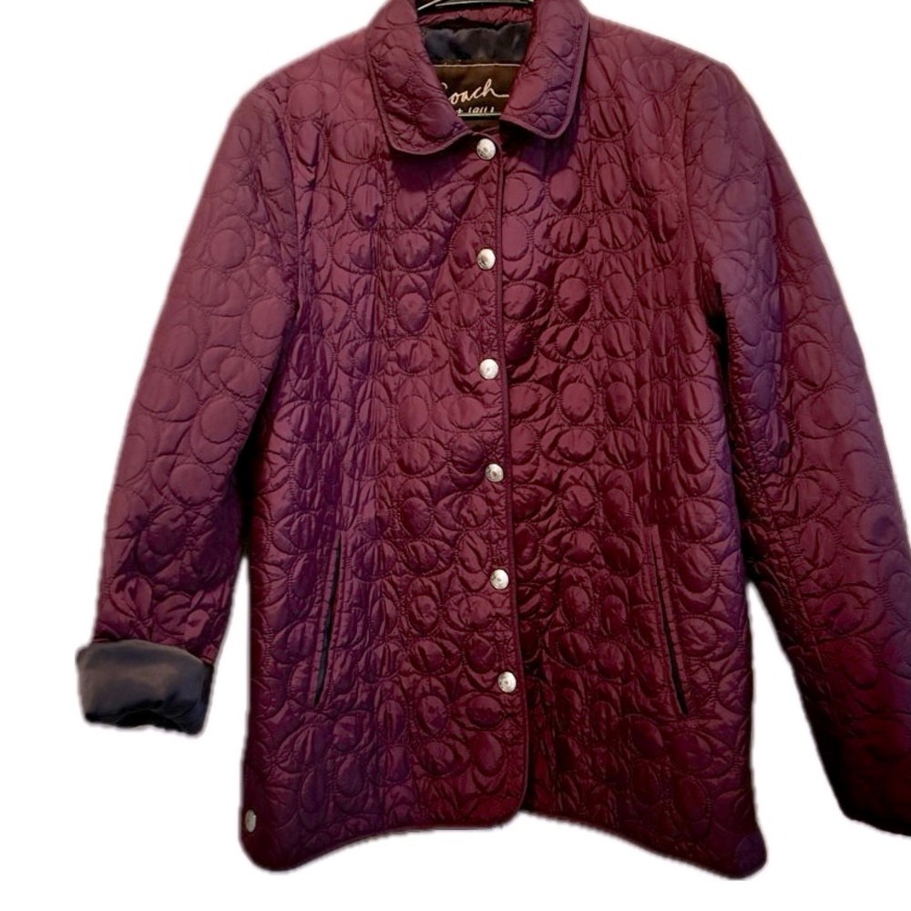 Coach UEC quilted ladies coat in gorgeous ruby w/navy lining. Size Large